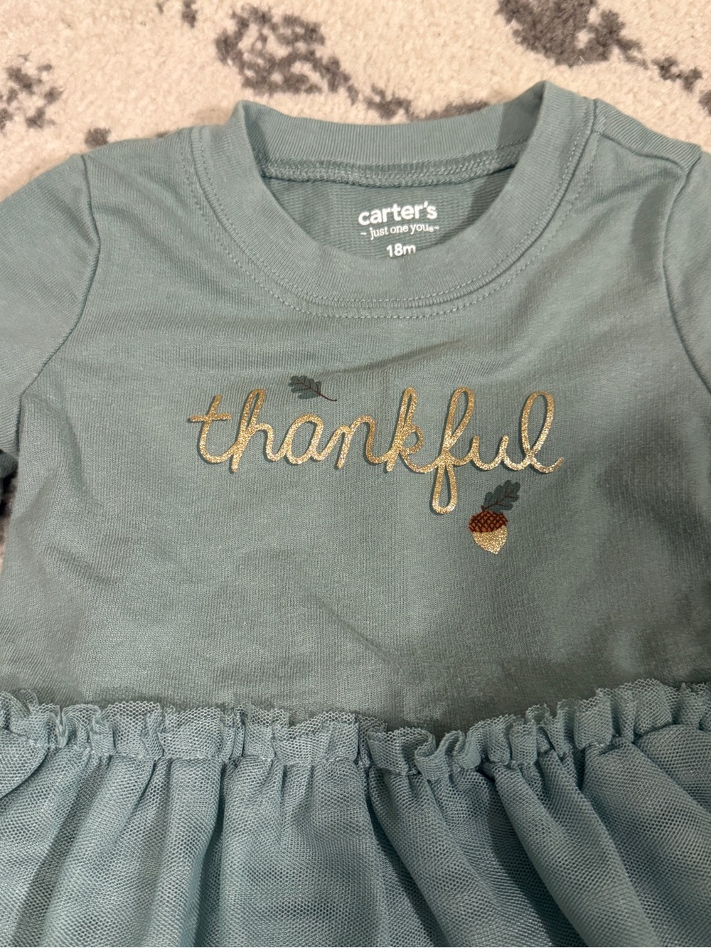 Carter's Sage Green Tulle Dress with gold lettering “Thankful”